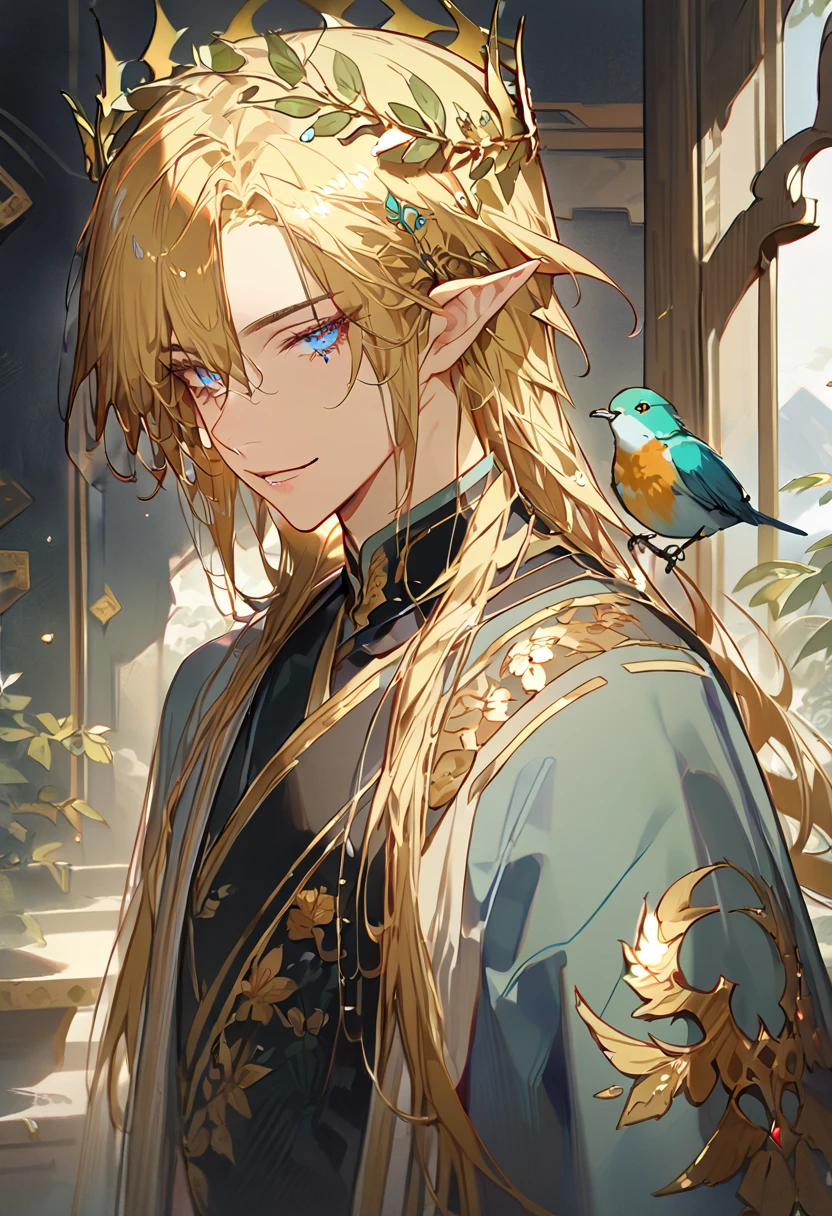 ((masterpiece), (best quality), (8k) ,(4k)) , ((male), (1 person)) ((elf King)), ((Golden Blond), (Blue greenish eyes), (gold wreath crown), (hair ornament), (long hair), (finely detailed eyes and detailed face)), looking at viewer, ((black sleeveless), (half robe), (patterned clothes), (gold embroidery clothes), (meticulous clothes)), majestic looks, smiling gently, small bird, full body, inspired by Asukaziye artist : ask, art style : ask