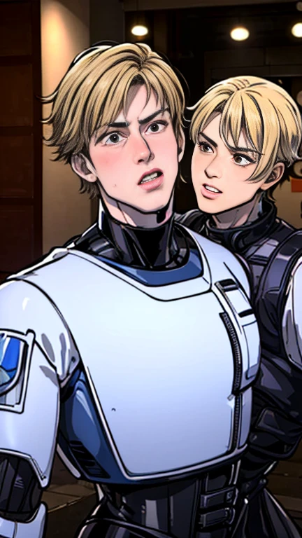 Back Alley, Attractive young Japanese ,  RoboCop Cosplay , Looks weak, 18 years old, Weak body,  is short,,  handsome Robocop getting kissed by a handsome, tall, and flirty blonde man in a shiny rider suit, Frightened RoboCop 