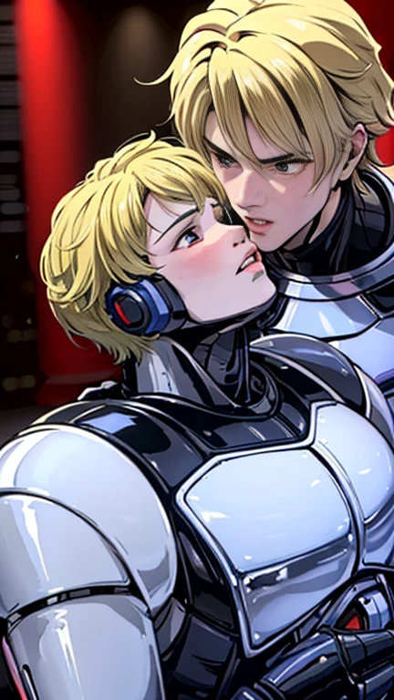 Back Alley, Attractive young Japanese ,  RoboCop Cosplay , Looks weak, 18 years old, Weak body,  is short,,  handsome Robocop getting kissed by a handsome, tall, and flirty blonde man in a shiny rider suit, Frightened RoboCop 