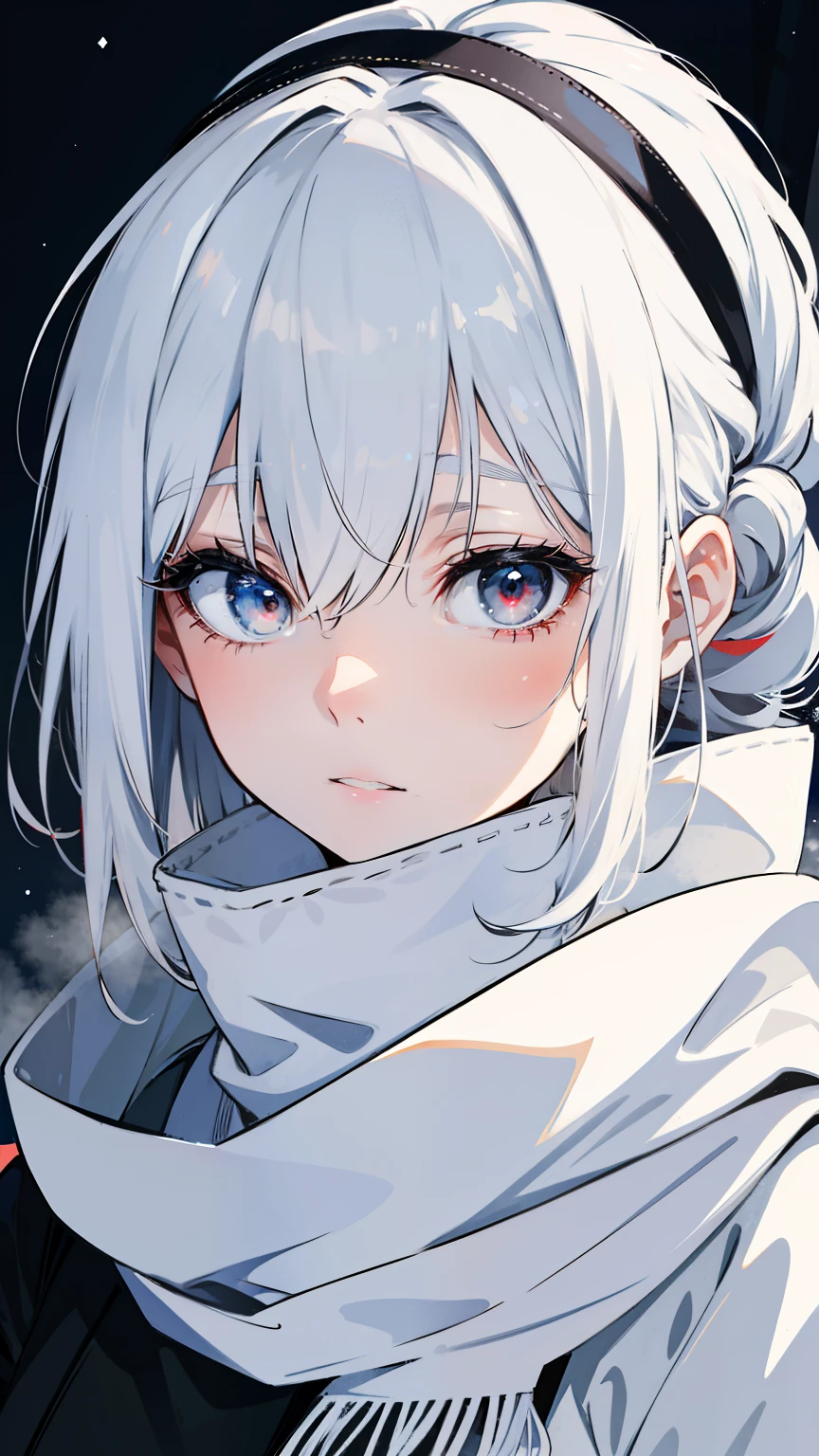 (best quality,4k,8k,highres,masterpiece:1.2),ultra-detailed,white hair,scarf,snow,red eyes,portrait,icy blue,soft illumination,crisp shadows, winter,serene expression,magical solitude,vivid colors,subtle gradients,fine brushstrokes