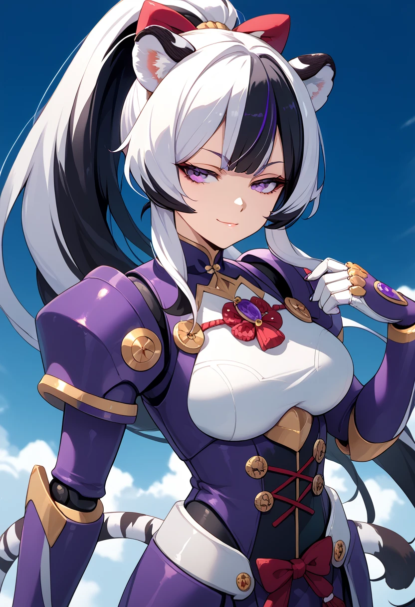 ((masterpiece)), 1girl, solo, long hair, white tiger ears, white tiger tail, open eyes, purple eyes, half-lidded eyes, white hair, black hair, multicolored hair, purple costume, black costume, multicolored costume, robot armor, Megaman art style, high ponytail, sly smirk.