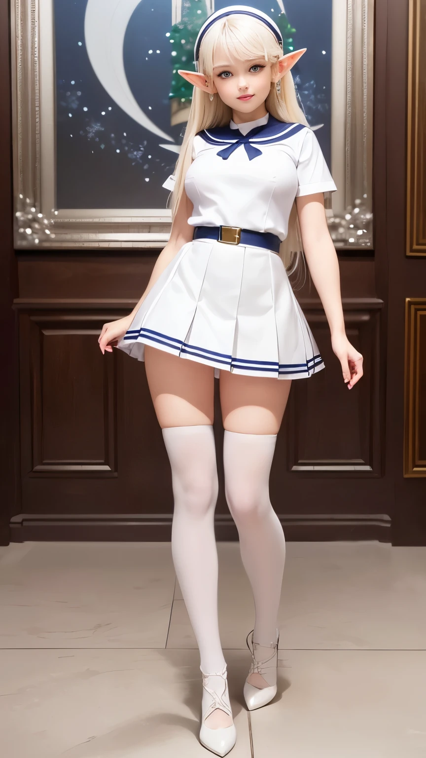 Full Body Shot, daytime, masterpiece, One girl, Solo Exhibitions, Beautiful girl with (Huge breasts:0.9), (Huge erect nipple:0.9), (petite:0.9), Beautiful (1 Girl:Elf:1.5) Portrait, Beautiful and elaborate face, Porcelain-like skin, (((Full Body Shot, center, daytime, Platinum Blonde Hair, long hair, Bang)), Very soft lighting, Full Shot, Symmetric, complicated, grace, Attention to detail, realism, art, concept art, White short sleeves Sailor Uniform, white pleated ultra high cut micro skirt, knee-high socks, white with lace trim, white pin high heels, Standing, Smiling to viewer, house front