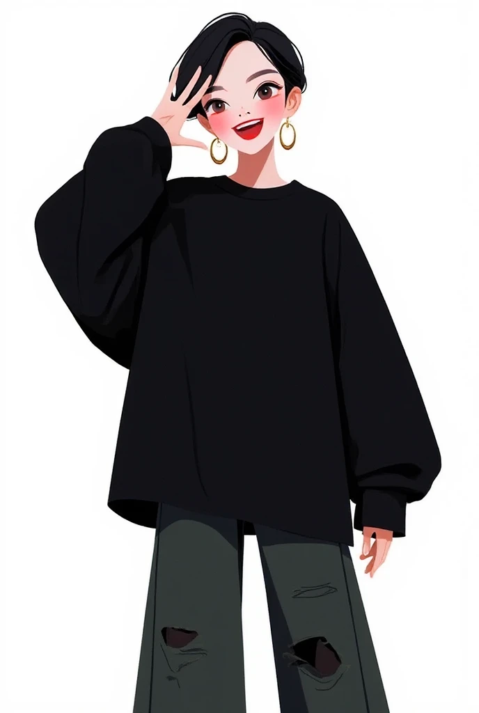 A Korean boy like Jeon Jungkook doing a peace pose near his eye and smiling widely. He has a black outfit With ripped, oversized jeans, a very large, grunge black sweatshirt. 

He has lip piercings. Draw him with a full body.