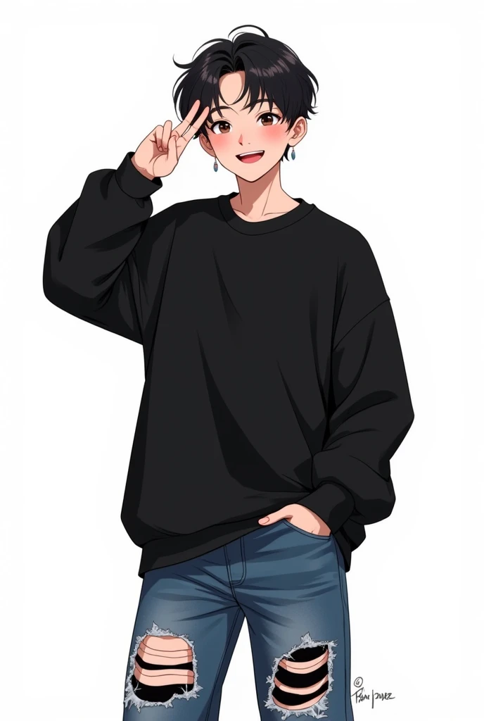 A Korean boy like doing a peace pose near his eye and smiling widely. He has a black outfit With ripped, oversized jeans, a very large, grunge black sweatshirt. 

He has lip piercings. Draw him with a full body.