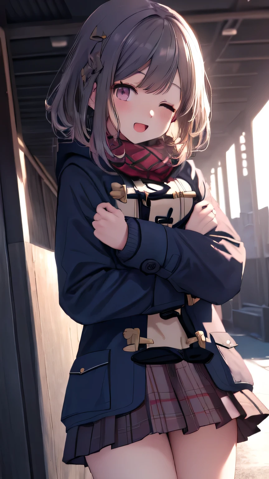 (8k,  RAW photos ,  top quality, masterpiece:1.2), (  board with highly detailed 8K wallpaper),Illustration、  Professional Lighting , sharp concentration,  depth of field、
nsfw、 clear eyes、Perfect human body、15-year-old student、blush、 open mouth、break (Dark Navy Theme: 1.3),
(  Wear a dark navy duffle coat over your uniform、Please only expose the hem of your skirt :1.4), ( Black and White Plaid Pleated Skirt :1.1), Thighs,Approaching Kiss , eye closed 、 face close-up、
break (Pink Theme:1.3), (Pink knitted plaid scarf:1.4),