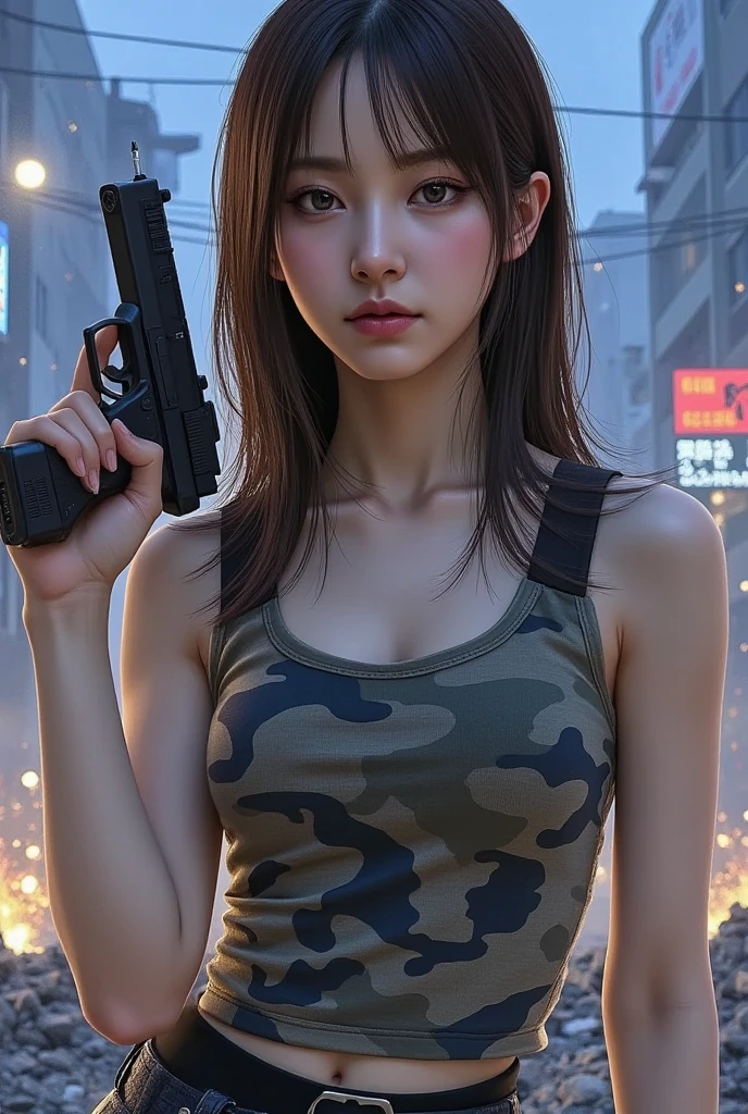  perfect composition ,  proper placement , Golden Ratio, Portrait of a beautiful Japanese woman ,  bust up shot , Female Soldier,  Stylish Closeup,  holding a handgun,  brown hair on one woman, Unkempt, damp, wavy hair, Oily skin,  Cool Tone Lighting :1.331,  Sketchy Style :1.331,  high definition,  Digital Artwork ,   Camouflage Tight Tank Top , Ruined City , inflammation, cigarette, dust, spark,  steam, 
