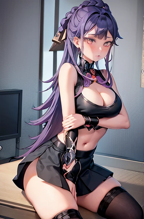 4k, best quality, NSFW, 1 girl, yue, black thighhighs, big breasts, small breast, sexy cleavage, take off shirt, tank top, black skirt, pleated skirt, office,small breasts, looking at viewer, PURPLE HAIR, thighhighs, long hair, ((masterpiece)), sit up, indoor, blush, sexy pose, sperm in mouth, 