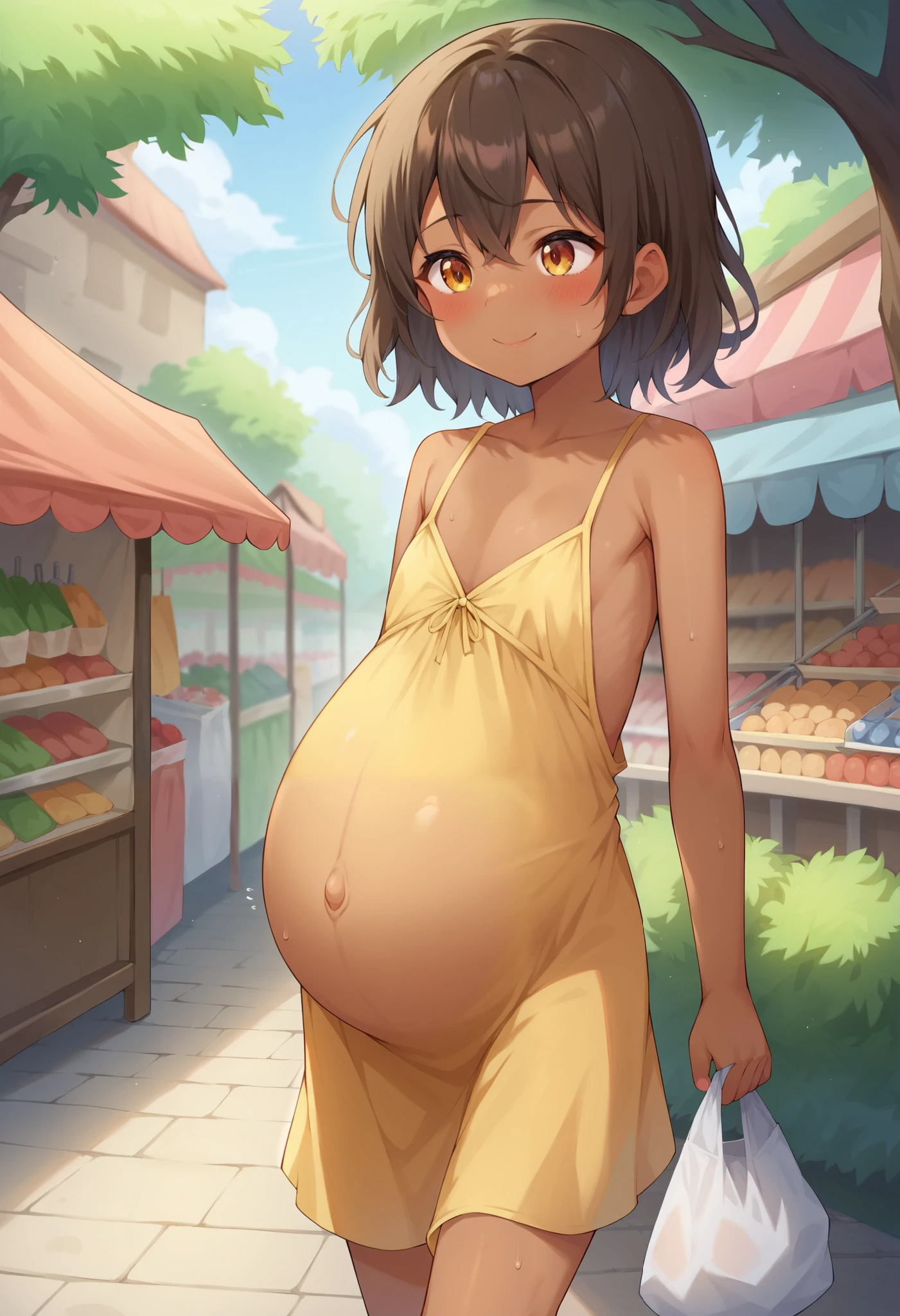 @(Prompt) Chinese-American pregnant woman, cropped strapless top, fitted pants, ponytail, , illustrations, best quality, ultra-detailed, realistic, warm tones, soft lighting