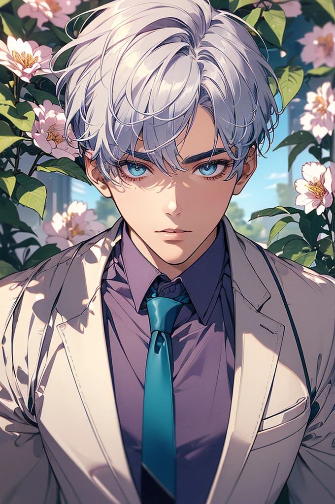 ((Top Quality, best quality, Masterpiece)), ((Ultra Detailed Face, Detailed Lips, Detailed Eyes)), ((1man, solo)), ((A handsome 18 years old boy)), ((Icy blue White Hair, short and messy bangs)), ((Plum Purple Eyes)), ((Exquisite face, Exquisite eyes, very handsome, sexy face)), ((pretty lips, plump lips, cupid bow lips)), ((Icy blue White eyebrows, beautiful under eyelashes)), shy, in love with viewer, romantic face, adoring face, light peach colored skin, ((muscular, broad shoulder, Big Chest Muscles, inverted triangle body)), ((wearing: navy colored suit jackets, white shirts, turquoise colored tie)), ((backgound: magical academy, field with some flowers, picnic)), perfect color, perfect lighting, perfect shadow, perfect face, anatomically correct