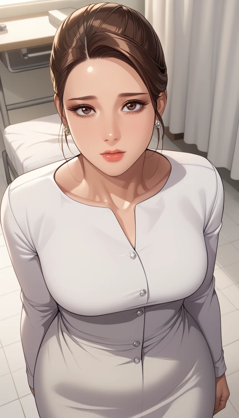 (masterpiece, best_quality:1.2), 1girl, solo, mature female, a1m33, brown hair, (housewife:1.5, casual clothes, skirt, long sleeves), beautiful eyes, female focus, large breast, wide hips, looking at viewer, ((above view)) ((close up shot)) ((solo)) detailed, very high resolution, no blurry image, (cowboy shot), standing, beautiful, elegant, serene expression, intricate details, detailed background, hospital, hospital bed, Intravenous drip