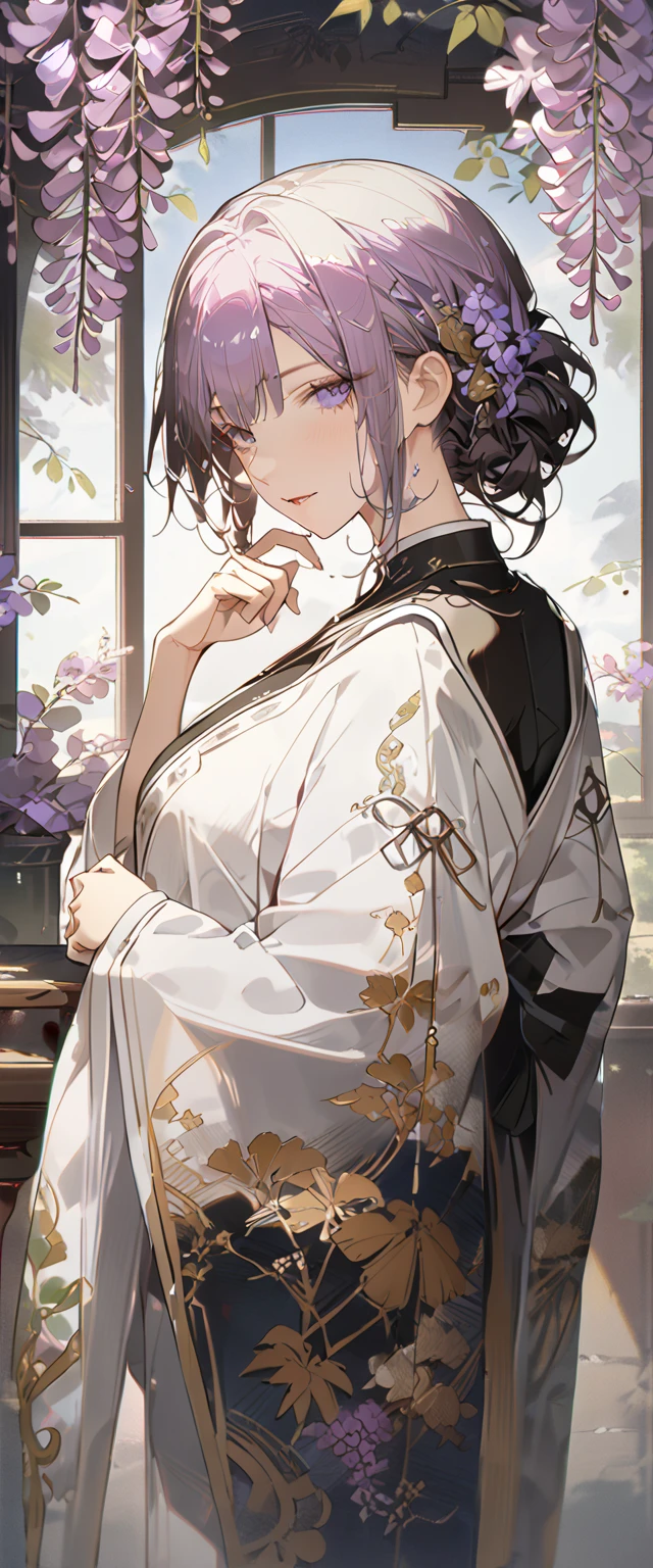 wisteria flower, wisteria tree, wisteria background, ((8k) ,(4k) , (best quality), (high quality), (masterpiece)), embroidery  clothes, big chest, all kind of hairstyle, inspired by Asukaziye artist : ask, art style : ask