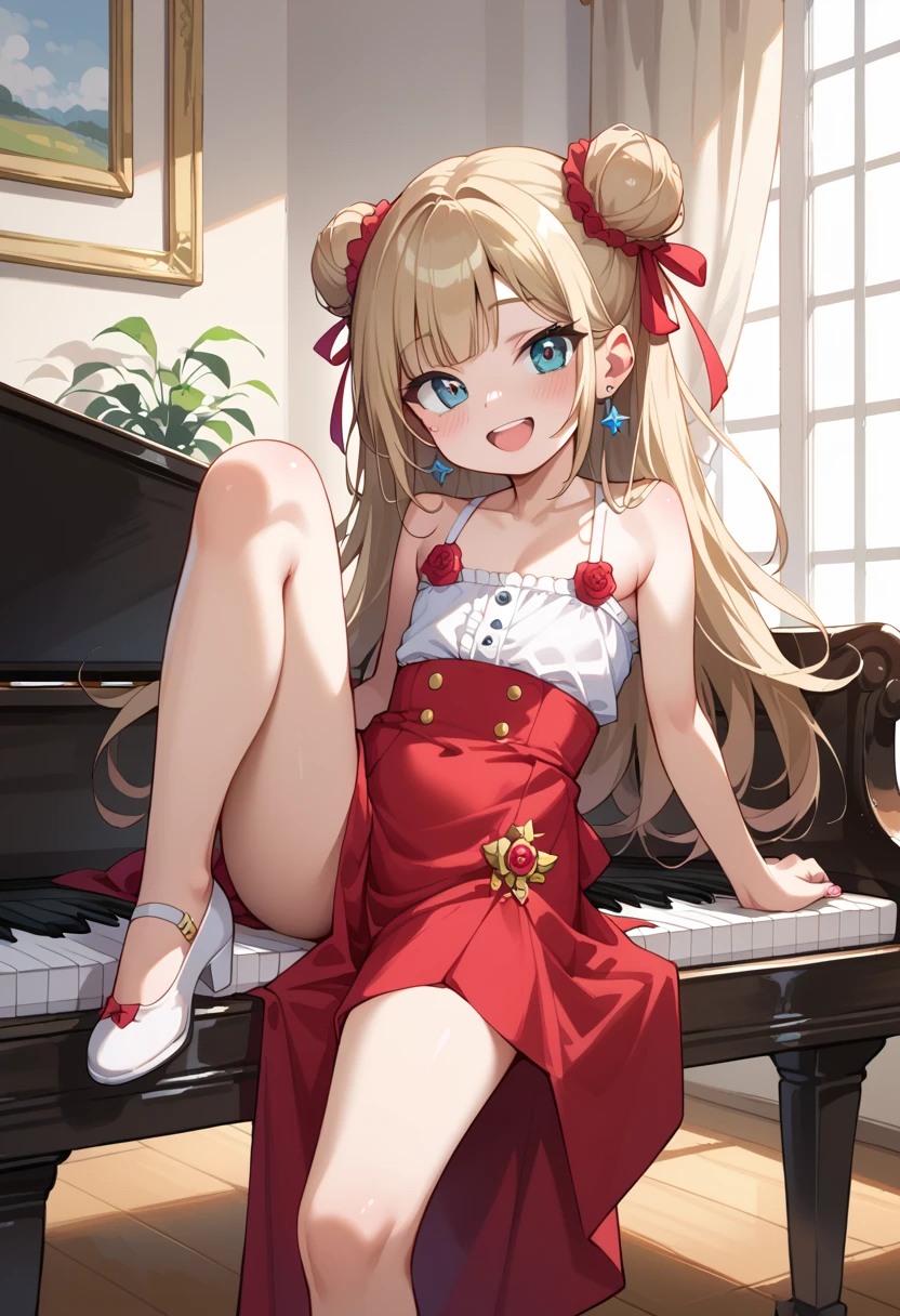 (( top quality)), ((masterpiece)), (be familiar with),  perfect face, indoor, bedroom, looking at the viewer,
One woman, I was,
 open mouth,  ecstatic expression beside the piano, blush, smile,
 small tits,  flat chested, Young girl, Lori,  s,  girl,
 long hair,  twin bun hair ,
Leg spread,