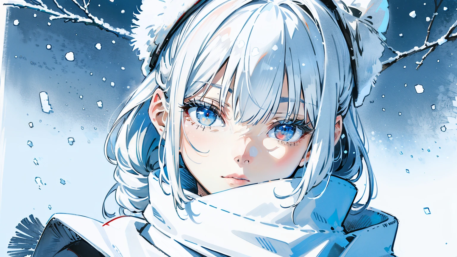 (best quality,4k,8k,highres,masterpiece:1.2),ultra-detailed,white hair,scarf,snow,red eyes,portrait,icy blue,soft illumination,crisp shadows, winter,serene expression,magical solitude,vivid colors,subtle gradients,fine brushstrokes, ((winter wonderland background, falling snow))