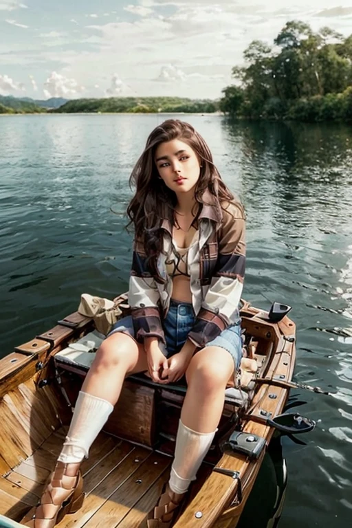 opt-lizasoberano , brown hair, brown eyes, sitting in a rowboat in the middle of a calm lake