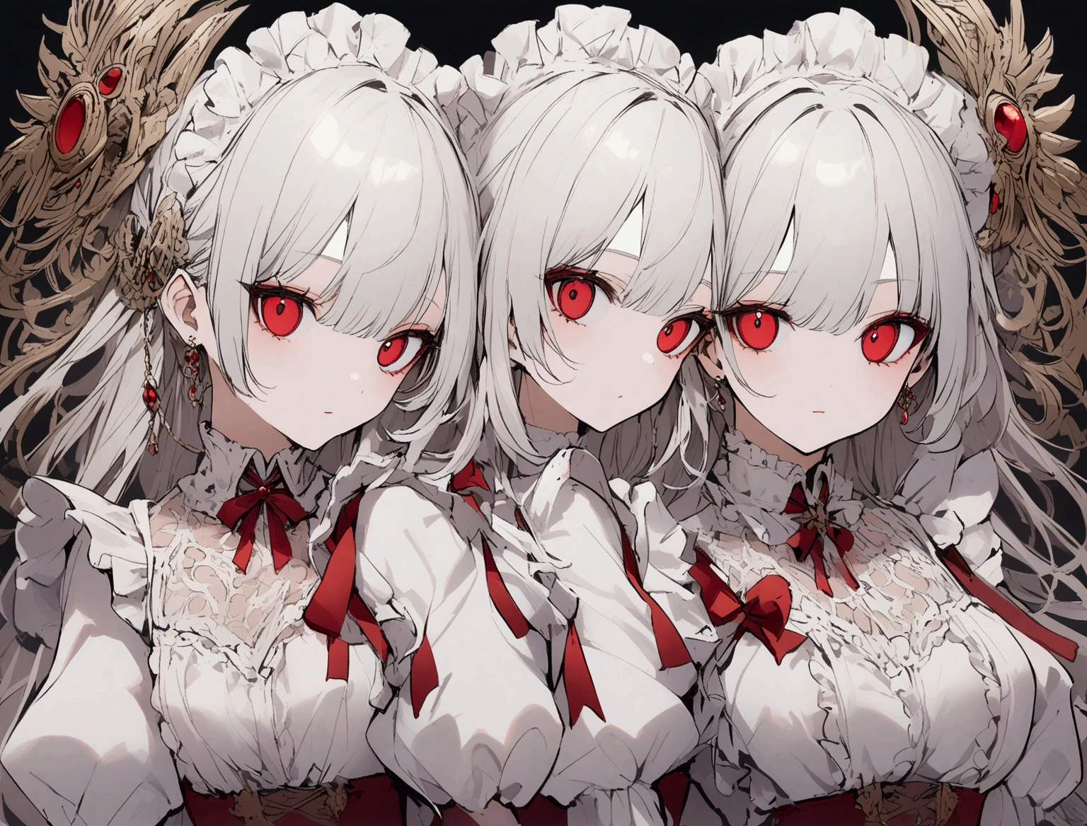 Long white hair, red eyes, wearing a red and white maid outfit. 