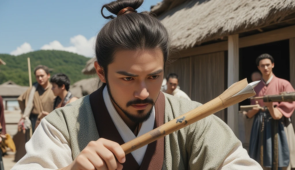 "Hajime inspecting the villagers’ makeshift weapons, testing the strength of a spear made from a sharpened bamboo pole."