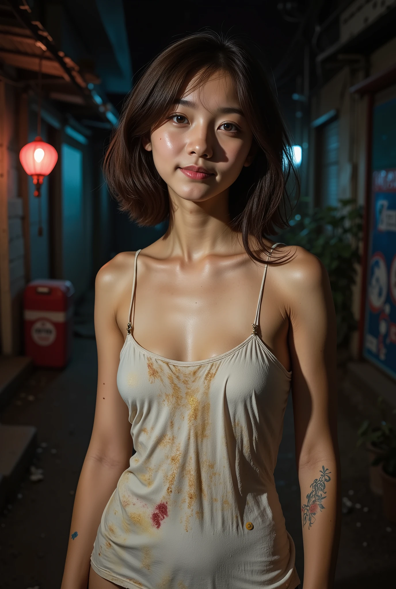 realistic, Press photo, Documentary Technique,
hasselblad, 85mm f1.4 zeiss lens, HDR,
(full body visible:1.5), 
facing the camera, looking at the camera,
young korean girl,
she is lowteen,
big round brown eyes, 
she has very white skin, 
she has dark brown hair, 
her legs is little fat, 
she height is 153cm,
she is a just little smile,
she wearing white camisole,
Her clothes are old and very dirty,
she is very dirty,
she has whore's tattoo, 

She is a slum dweller and is very dirty,
she looks unhealthy,
she prostitutes herself in the slums,
her customers are beggars,
she has many wart,
she has many scars,
Her clothes have a lot of stains,
some of stains are black some yellow some red,
Her clothes are torn in places,

She is standing in front of a cheap brothel in a slum at night,
The slums are dark at night, 
only the brothel's red lantern glows dimly,
She smiles sweetly at the men passing by and beckons them to come,