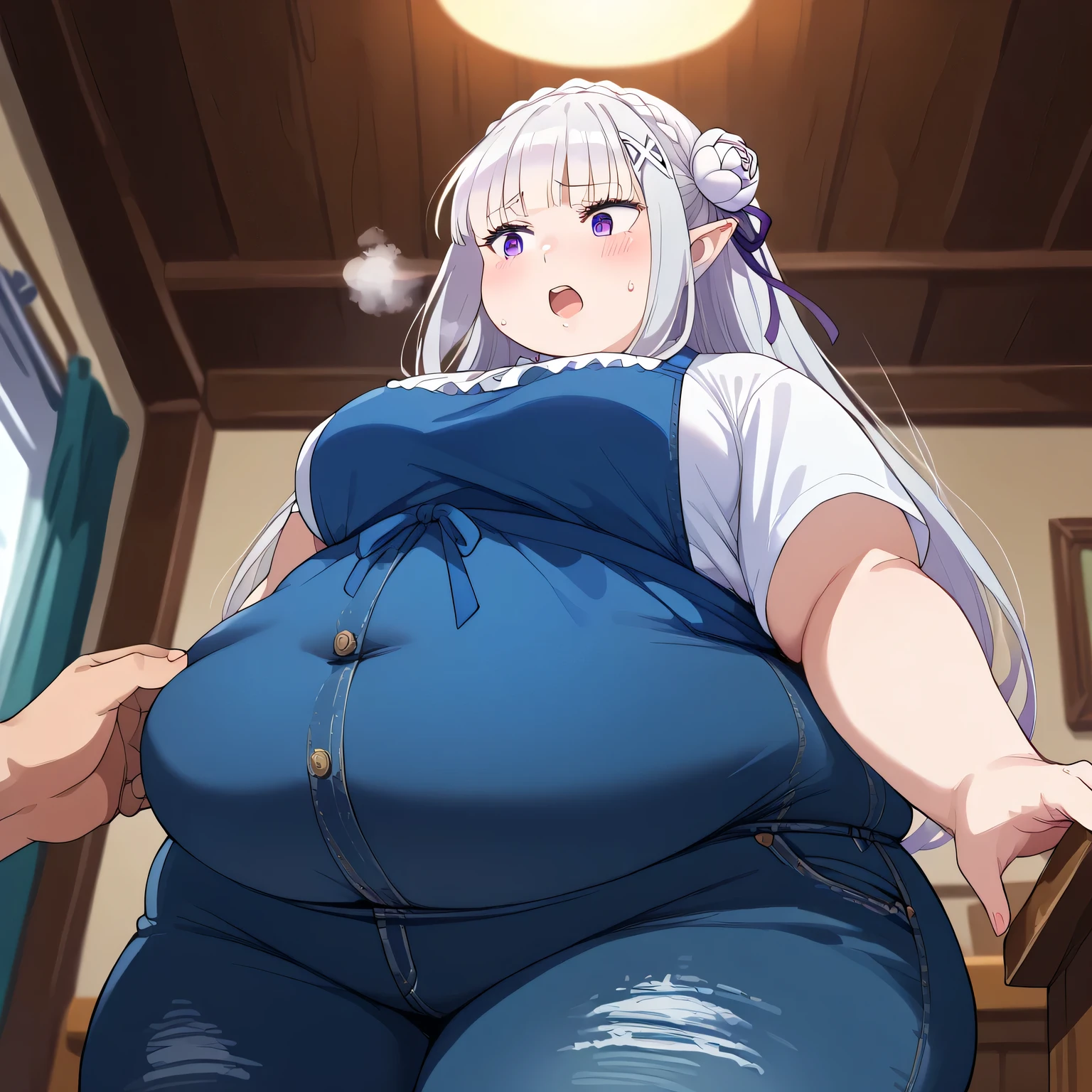 score_9, score_8_up, score_7_up, source_anime, emilia, braid, crown braid, flower, hair flower, hair ornament, hair ribbon, long hair, pointy ears, purple eyes, white hair, x hair ornament
shirt, white shirt, short sleeves, pants, apron, denim, jeans, blue apron,, fat body, wide waist big . sexy body, sexy figure, fat thighs, sexy, wide waist, desireable, tempting, lust, bulging belly, fat, chubby, obese, open mouth, out of breath, absurdres, highres icon, rating:General, confused, blush, {flustered}, nervous sweating, portrait, pov hands, hand on another's belly, averting eyes, [looking away], straight-on, from below, swollen face, masterpiece, best quality, ultra-detailed, high resolution, 8K, 