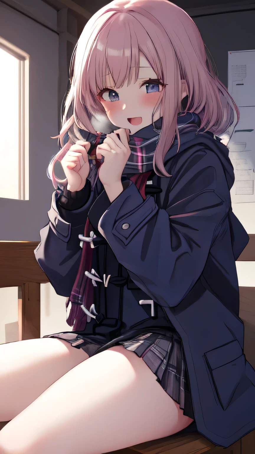 nsfw、clear eyes、8k、Top image quality、Masterpiece、perfect anatomia、12year old、huge tit、Focus on plump thighs、、、gals、12year old、a miniskirt、Sit up、(Black Thigh Socks:1.3)、(high ponytail:1.3)、,((necklace, colorful bracelet, X hair ornament):1.2),、、(joy:1.5)、(embarrassed,blush:1.3), ,(steam:0.8),(wet:0.8),(sweat:0.8),(trembling:1.3) ,(parted lips:1.3),(harf open eyes:1.4),(feeling weak:1.5),,BREAK (dark-navy theme:1.3), (Wear a dark-navy duffel coat over school uniform and exposed only skirt-hem:1.4), (black and white plaid-pattern pleated skirt:1.1), , BREAK (pink theme:1.3), (plaid-pattern knitted pink scarf:1.4),