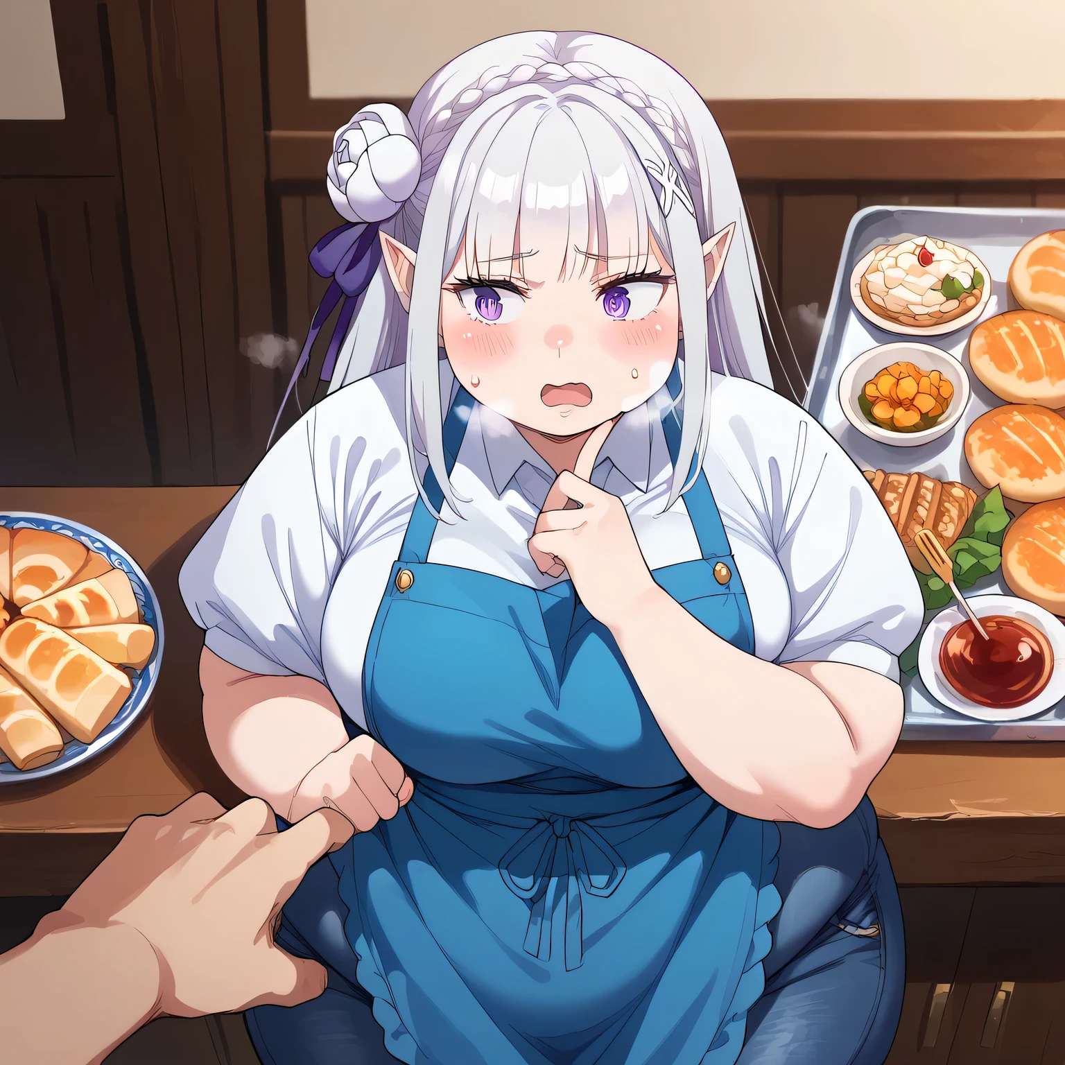 , score_9, score_8_up, score_7_up, source_anime, emilia, braid, crown braid, flower, hair flower, hair ornament, hair ribbon, long hair, pointy ears, purple eyes, white hair, x hair ornament
shirt, white shirt, short sleeves, pants, apron, denim, jeans, blue apron,, fat body, wide waist big . sexy body, sexy figure, fat thighs, sexy, wide waist, desireable, tempting, lust, swollen face, fat, chubby, obese, open mouth, out of breath, absurdres, highres icon, rating:General, confused, blush, {flustered}, nervous sweating, portrait, pov hands, hand on another's cheek, averting eyes, [looking away], straight-on, from above,  upper body, masterpiece, best quality, ultra-detailed, high resolution, 8K, indoor, restaurant,