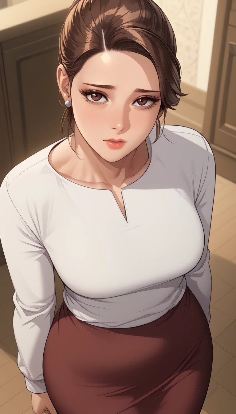 (masterpiece, best_quality:1.2), 1girl, solo, mature female, a1m33, brown hair, (housewife:1.5, casual clothes, skirt, long sleeves), beautiful eyes, female focus, large breast, wide hips, looking at viewer, ((above view)) ((close up shot)) ((solo)) detailed, very high resolution, no blurry image, (cowboy shot), standing, beautiful, elegant, serene expression, intricate details, detailed background, indoors