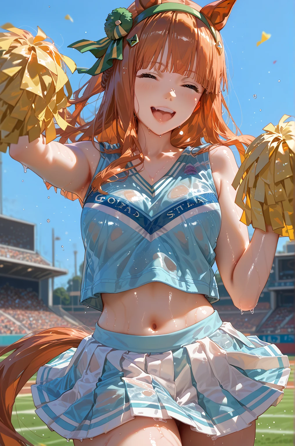 1 girl, solo, silence suzuka \(umamusume\), cheerleader, pom pom \(cheerleading\), pleated skirt, best quality, laugh, good anatomy, masterpiece, shiny, shiny skin, shiny outfit, wet clothes, wet skin, dynamic pose