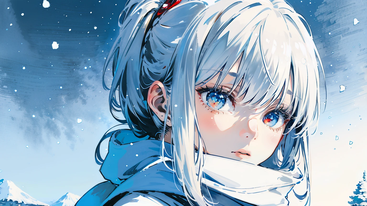 (best quality,4k,8k,highres,masterpiece:1.2),ultra-detailed,white hair,scarf,snow,red eyes,portrait,icy blue,soft illumination,crisp shadows, winter,serene expression,magical solitude,vivid colors,subtle gradients,fine brushstrokes, ((winter wonderland background, falling snow, night))
