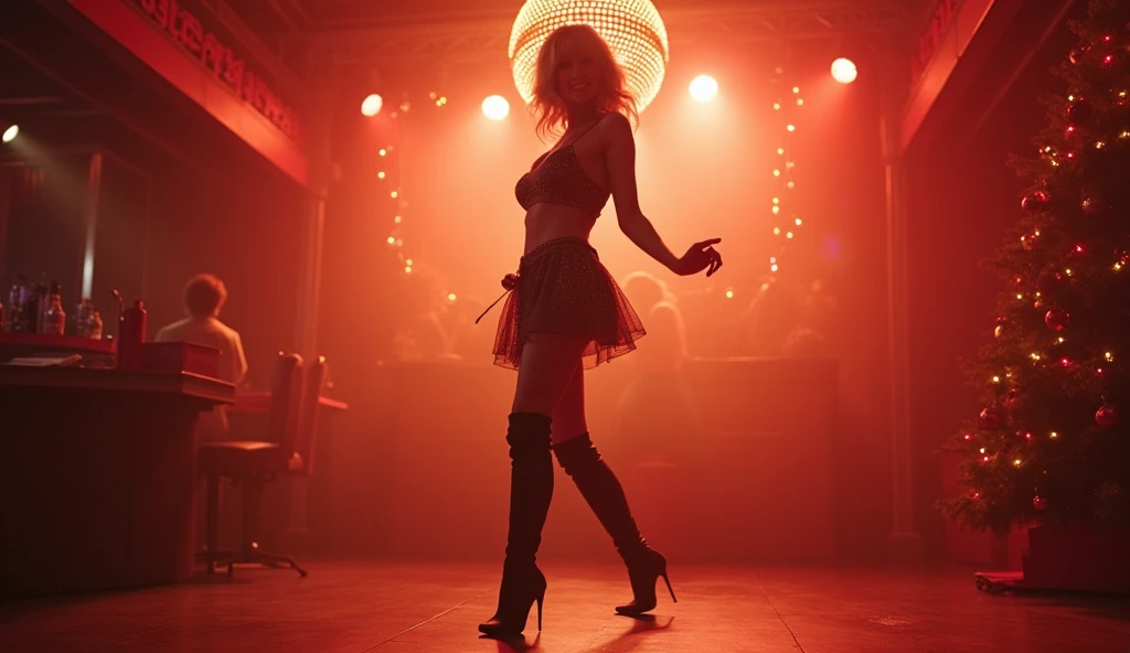 Full Body View, Girl with Pink Hair, Pink fishnet stockings and high heals, super slim, Long Lags, Techno Party, Club 