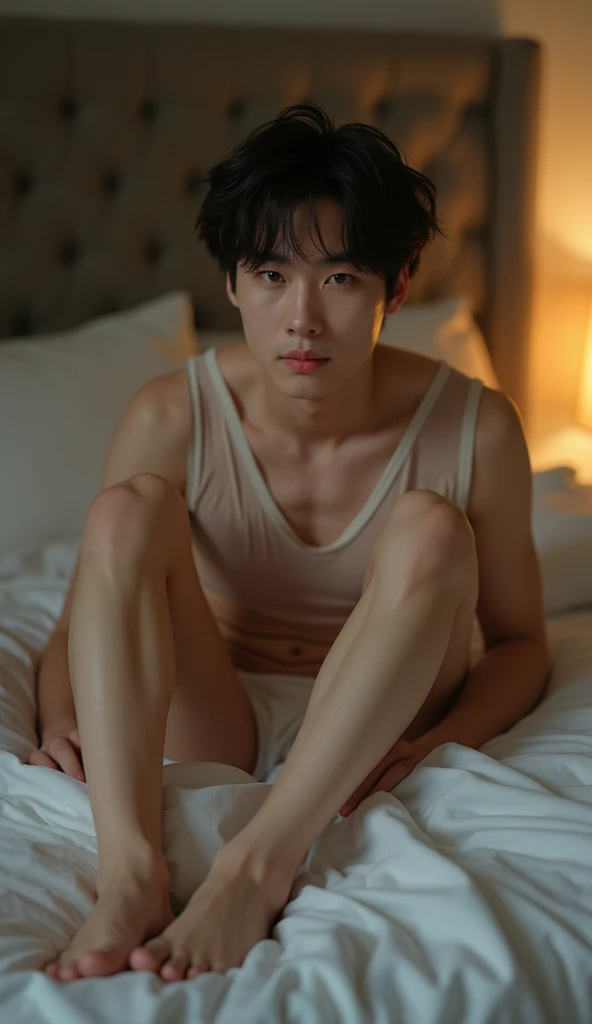 Not-so-muscular Korean man in underwear lying on all fours on bed