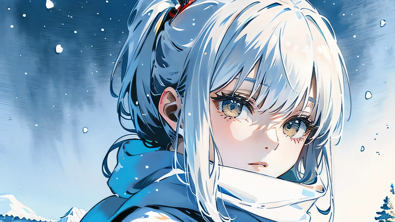 (best quality,4k,8k,highres,masterpiece:1.2),ultra-detailed,white hair,scarf,snow,red eyes,portrait,icy blue,soft illumination,crisp shadows, winter,serene expression,magical solitude,vivid colors,subtle gradients,fine brushstrokes, ((winter wonderland background, falling snow, night))