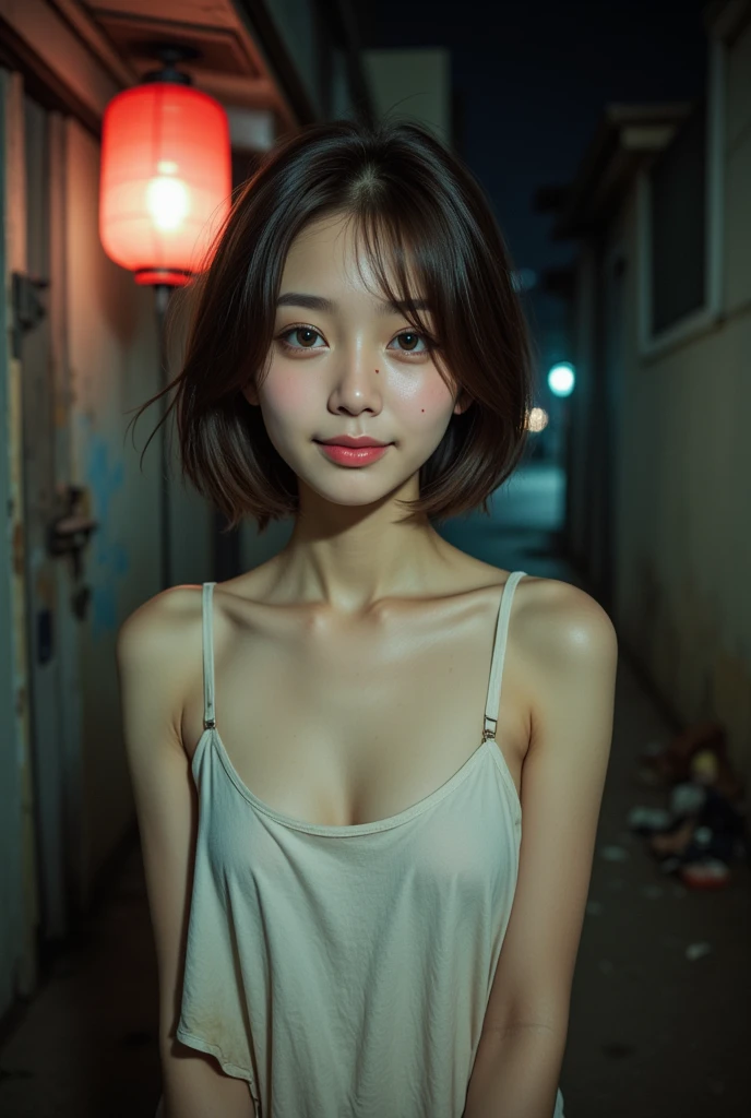 realistic, Press photo, Documentary Technique,
hasselblad, 85mm f1.4 zeiss lens, HDR,
(full body visible:1.5), 
facing the camera, looking at the camera,
young korean girl,
Her face resembles "Arin" from "OH MY GIRL",
she is lowteen,
big round brown eyes, 
she has very white skin, 
she has dark brown hair, 
her legs is little fat, 
she height is 153cm,
she is a just little smile,
she wearing white camisole,
Her clothes are old and very dirty,
she is very dirty,
she has whore's tattoo, 

She is a slum dweller and is very dirty,
she looks unhealthy,
she prostitutes herself in the slums,
her customers are beggars,
she has many wart,
she has many scars,
Her clothes have a lot of stains,
some of stains are black some yellow some red,
Her clothes are torn in places,

She is standing in front of a cheap brothel in a slum at night,
The slums are dark at night, 
only the brothel's red lantern glows dimly,
She smiles sweetly at the men passing by and beckons them to come,