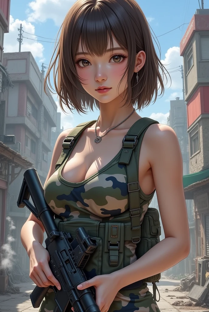  perfect composition,  proper placement , Golden Ratio, Portrait of a beautiful Japanese woman ,  bust up shot , Female Soldier,  stylish close-up, With a machine gun:1.21,  brown hair on one woman, Unkempt Damp Bob Cut Hair , Oily skin,  Cool Tone Lighting :1.331,  Sketchy Style :1.331,  high definition,  Digital Artwork ,   Camouflage Tight Tank Top , Ruined City , inflammation, cigarette, dust, spark,  steam, 
