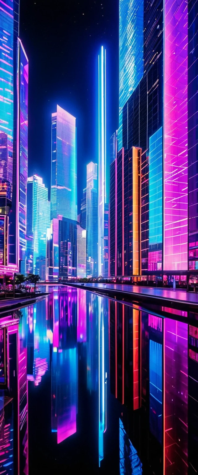 Futuristic cityscape with holographic neon lights illuminating the sky, Reflected in glass skyscrapers.