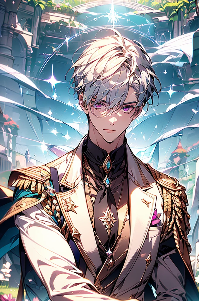 ((Top Quality, best quality, Masterpiece)), ((Ultra Detailed Face, Detailed Lips, Detailed Eyes)), ((1man, solo)), ((A handsome 18 years old boy)), ((Icy blue White Hair, short and messy bangs)), ((Plum Purple Eyes)), ((Exquisite face, Exquisite eyes, very handsome, sexy face)), ((pretty lips, plump lips, cupid bow lips)), ((Icy blue White eyebrows, beautiful under eyelashes)), shy, in love with viewer, romantic face, adoring face, light peach colored skin, ((muscular, broad shoulder, Big Chest Muscles, inverted triangle body)), ((wearing: navy colored suit jackets, white shirts, turquoise colored tie)), ((backgound: peaceful field, some flowers, magical academy from a distance)), ((picnic)), perfect color, perfect lighting, perfect shadow, perfect face, anatomically correct