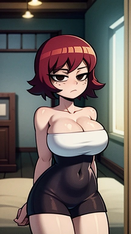 (NSFW), Misae Nohara, half naked, sexy legs, Looking at the viewer with seductive eyes, Misae Nohara, exposed breasts, hard nipples, exposed vagina, best quality, highres, bbyorf, gold earrings, green eye pupils, large breasts, jewelry, off shoulder, red transparent sweater, sweater transparent dress, long sleeves, no panties, outdoors, black stockings 