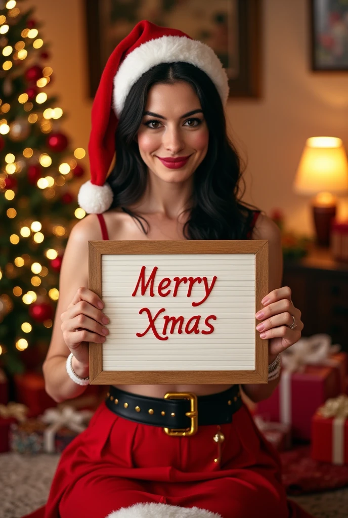 cowboy shot,   cute pose, looking at viewer,  front view, 1 woman ,  beautiful American actress,  Her name is Anne Hathway,30-age, (black Hair,  long hair, brown Eye, smile), (C cup ,wide hip), (Christmas Santa Clause  middle skirt type costume and Christmas  hat) ,   hold a decoration whiteboard with both hands,  Writing italic type  red letter  " Merry Xmas " , home party, decoration Christmas tree, near many Christmas present,  night , lamplight, cinema lighting,  (high quality,  textured skin, beautiful fingers,   super detail,  high quality)