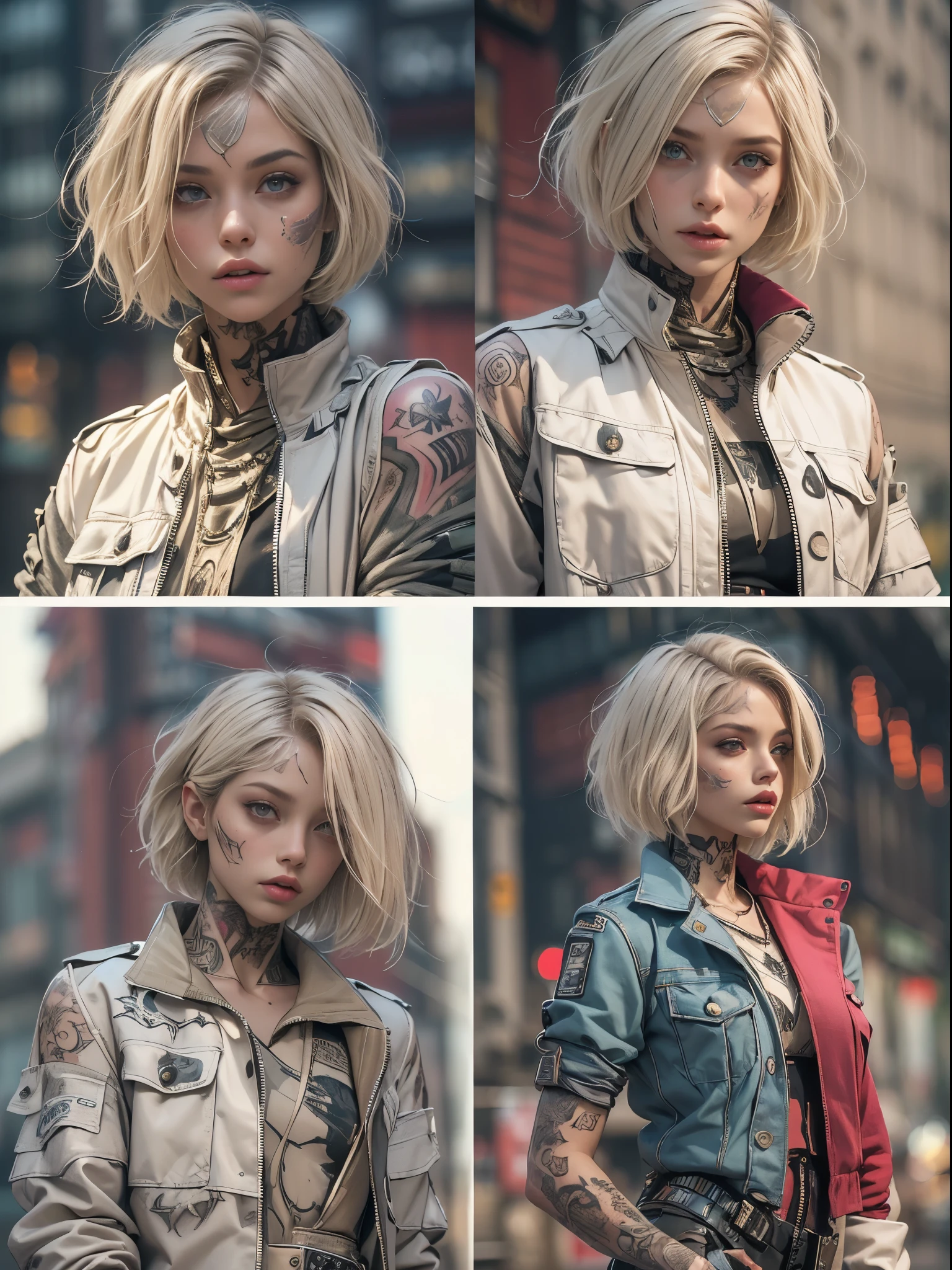 Four different views (front, top, back, and side) of a post-apocalyptic, (((of the highest quality: 1.4))),(unparalleled masterpiece ever), (Ultra high definition),(Ultra-realistic 8K CG), official art、 (((adult body))), (((1girl in))), ((( Bob Short hair ))), Post-Apocalyptic ,girl with a perfect body, Jacket with metal spines,Beautiful and well-groomed face, Detailed Post-Apocalyptic ,fashion,Linen jackets, (Image from head to thigh),(( White Blonde Bob Short hair )), Small wool pant, Simon Bisley's urban savage style,Detailed street background of London,Clean abs, Complex graphics, dark pink with white stars and gray and white stripes,, (( Many poisonous tattoos )),  The jumpsuit dress flowed beautifully as she walked, She wore colorful socks.