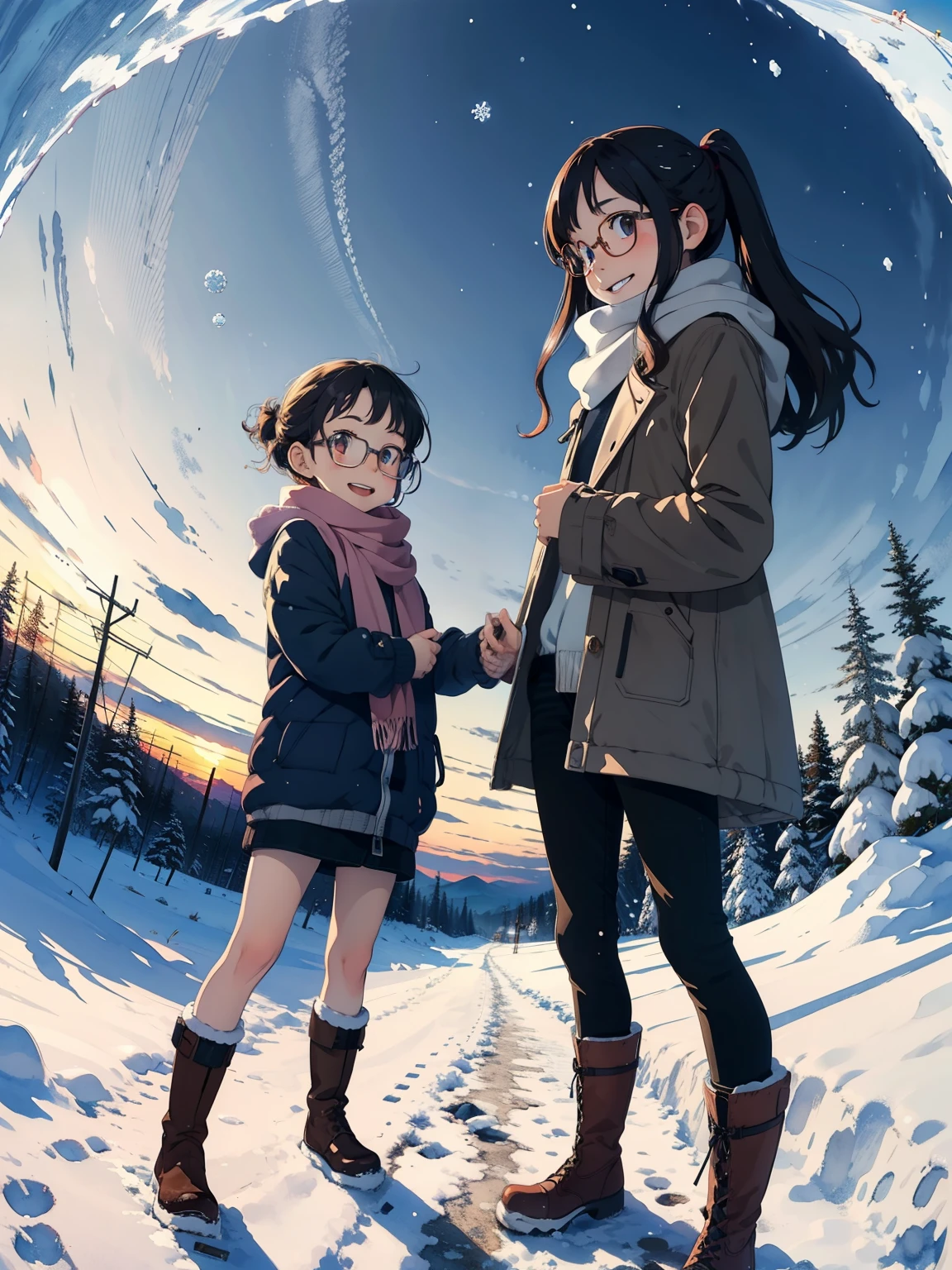 masterpiece， High Quality ，  high image quality ，( super flat， Flat Shading  )， fisheye lens，Beautiful petite trained young mother and very cute trained daughter:1.25，     warm scarf ， (naked)， long hair, Glasses，    boots, smile, smile, White Breath，fun, play, winter, snow, 新snow，dusk，    Beautiful Sunsets    ，Wide angle,     bright color , watercolor, Ghibli style，Strong winds，    girl&#39;Lure，