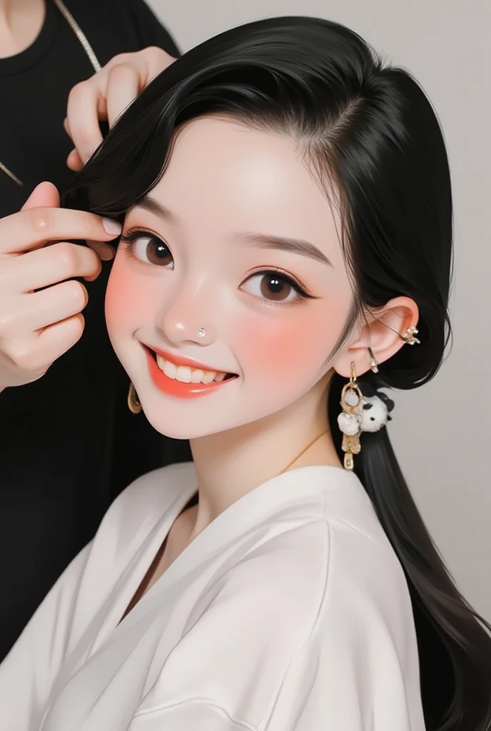 A Korean boy making a peace pose near his eye and smiling widely. He is being styled by a makeup artist. He is wearing a white barber's coat. Her long hair is being held back by a Hello Kitty clip. 

He has piercings in his lips. 