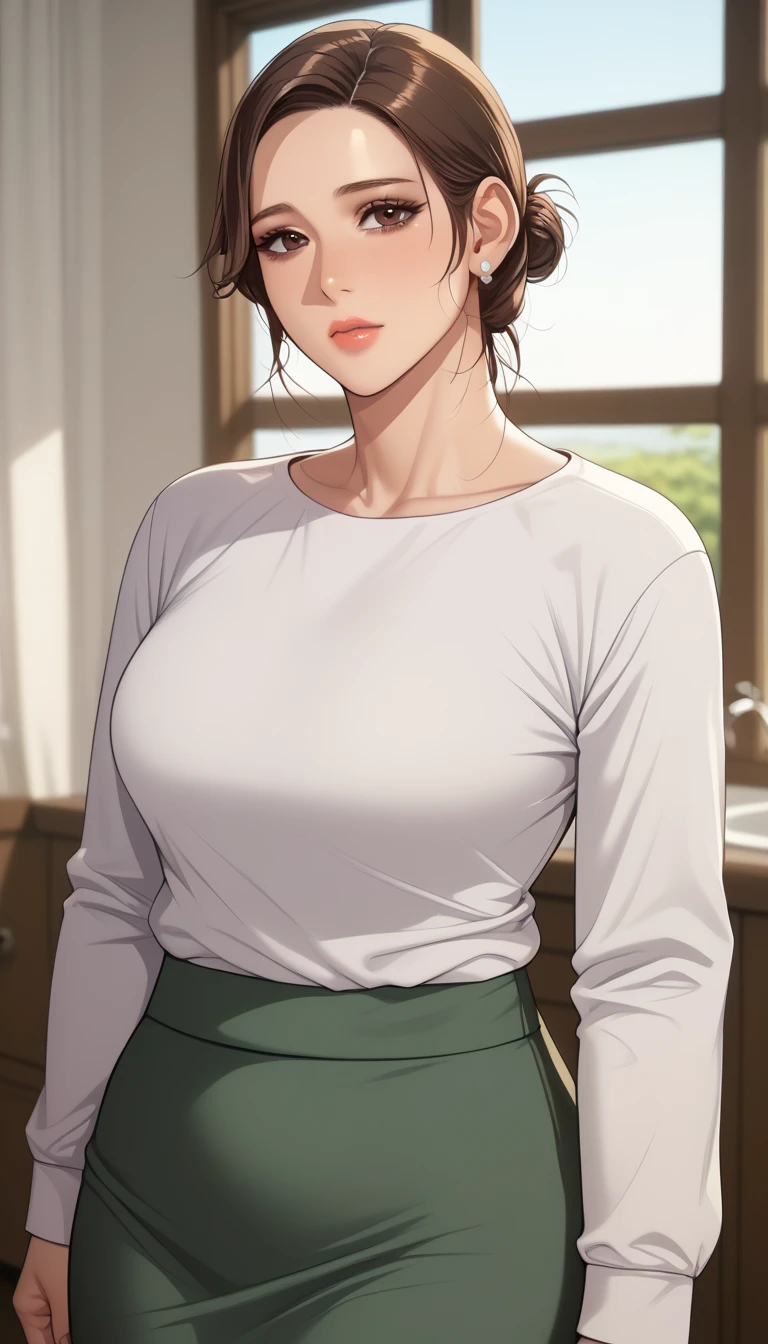 (masterpiece, best_quality:1.2), 1girl, solo, mature female, a1m33, brown hair, low bun, (housewife:1.5, casual clothes, skirt, long sleeves), beautiful eyes, female focus, large breast, wide hips, looking at viewer, ((close up shot)) ((solo)) detailed, very high resolution, no blurry image, (cowboy shot), standing, beautiful, serene expression, intricate details, detailed background, indoors