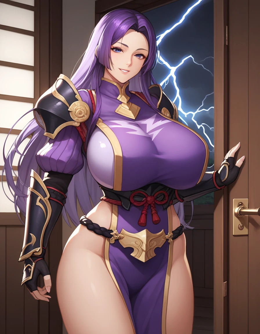 score_9, score_8_up, score_7_up,  source_Anime,
Lightning, Lightning, parted bangs, purple eyes, Purple Hair,  long hair, hime cut, Forehead,  mature woman,
Arm guard, armor, black  gloves,  Bodysuit , fingerless  gloves,  gloves, japanese armor, , loincloth, purple  Bodysuit , Ribbed sleeves, Tabard,  adjusted,Mother,Maternal,Maternal instinct,Super huge breasts,Whipped thighs,smile,Close to the body, software ,Inside the door,Home,