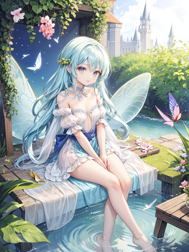 anime girl with blue hair and butterfly wings sitting in water, water fairy, beautiful fantasy anime, beautiful fairy, pixiv, beautiful anime, beautiful anime girl, beautiful anime girl squatting, beautiful anime artwork, beautiful anime art, at pixiv, beautiful anime art style, fairy aesthetics, cute anime girl, top rated on pixiv, high quality anime artstyle
