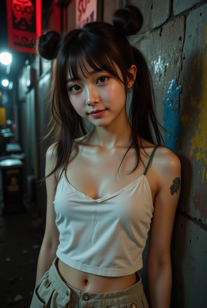 realistic, Press photo, Documentary Technique,
hasselblad, 85mm f1.4 zeiss lens, HDR,
(full body visible:1.5), 
facing the camera, looking at the camera,
young korean girl,
{pony tail| twintails| bun hair| twin bun hair| long hair}, bangs,
Her face resembles "Arin" from "OH MY GIRL",
she is lowteen,
big round brown eyes, 
she has very white skin, 
she has dark brown hair, 
her legs is little fat, 
she height is 153cm,
she is a just little smile,
she wearing white camisole,
Her clothes are old and very dirty,
she is very dirty,
she has whore's tattoo, 

She is a slum dweller and is very dirty,
she looks unhealthy,
she prostitutes herself in the slums,
her customers are beggars,
she has many wart,
she has many scars,
Her clothes have a lot of stains,
some of stains are black some yellow some red,
Her clothes are torn in places,

She is standing in front of a cheap brothel in a slum at night,
The slums are dark at night, 
only the brothel's red lantern glows dimly,
She smiles sweetly at the men passing by and beckons them to come,