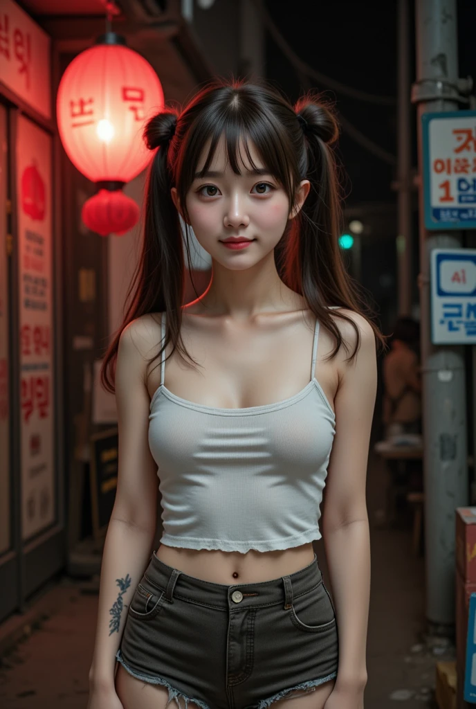 realistic, Press photo, Documentary Technique,
hasselblad, 85mm f1.4 zeiss lens, HDR,
(full body visible:1.5), 
facing the camera, looking at the camera,
young korean girl,
{pony tail| twintails| bun hair| twin bun hair| long hair}, bangs,
Her face resembles "Arin" from "OH MY GIRL",
she is lowteen,
big round brown eyes, 
she has very white skin, 
she has dark brown hair, 
her legs is little fat, 
she height is 153cm,
she is a just little smile,
she wearing white camisole,
Her clothes are old and very dirty,
she is very dirty,
she has whore's tattoo, 

She is a slum dweller and is very dirty,
she looks unhealthy,
she prostitutes herself in the slums,
her customers are beggars,
she has many wart,
she has many scars,
Her clothes have a lot of stains,
some of stains are black some yellow some red,
Her clothes are torn in places,

She is standing in front of a cheap brothel in a slum at night,
The slums are dark at night, 
only the brothel's red lantern glows dimly,
She smiles sweetly at the men passing by and beckons them to come,