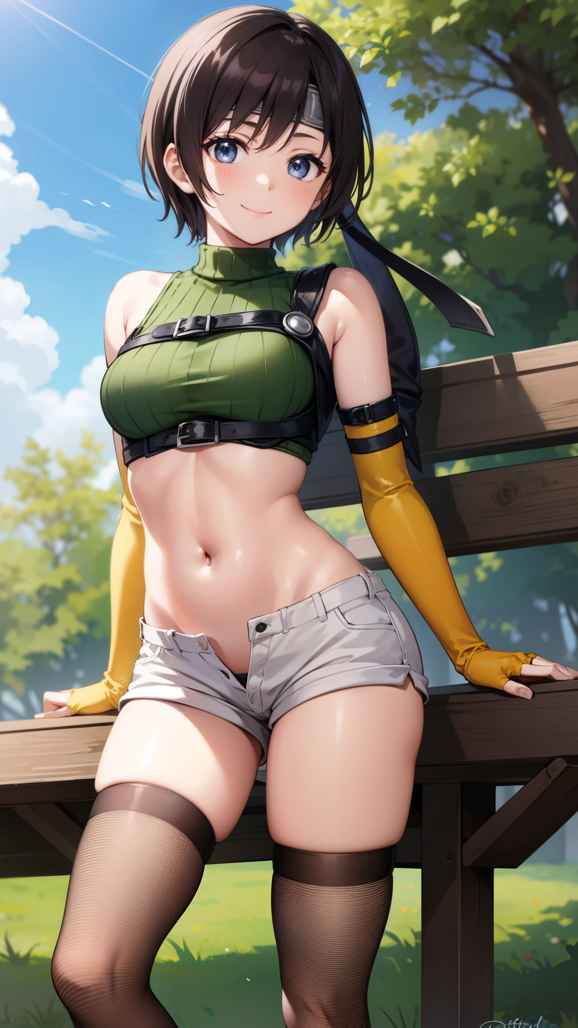 yuffiekisaragi, Yuffie Kisaragi,Haircuts, pixie cut,
壊す crop top, fingerless gloves, fishnet Thighhighs, fishnet, forehead protector, gloves, head band, belly button, short shorts, shorts, single sleeve, single thigh high, No sleeve, No sleeve turtleneck, Thighhighs, turtleneck,
bench、blue sky、smile, solo
