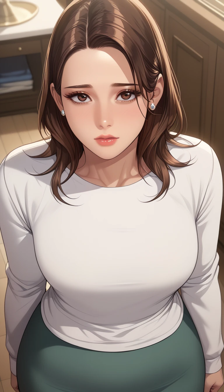 (masterpiece, best_quality:1.2), 1girl, solo, mature female, a1m33, brown hair, medium hair, (housewife:1.5, casual clothes, skirt, long sleeves), beautiful eyes, female focus, large breast, wide hips, looking at viewer, ((above view)) ((close up shot)) ((solo)) detailed, very high resolution, no blurry image, (cowboy shot), standing, beautiful, serene expression, intricate details, detailed background, indoors