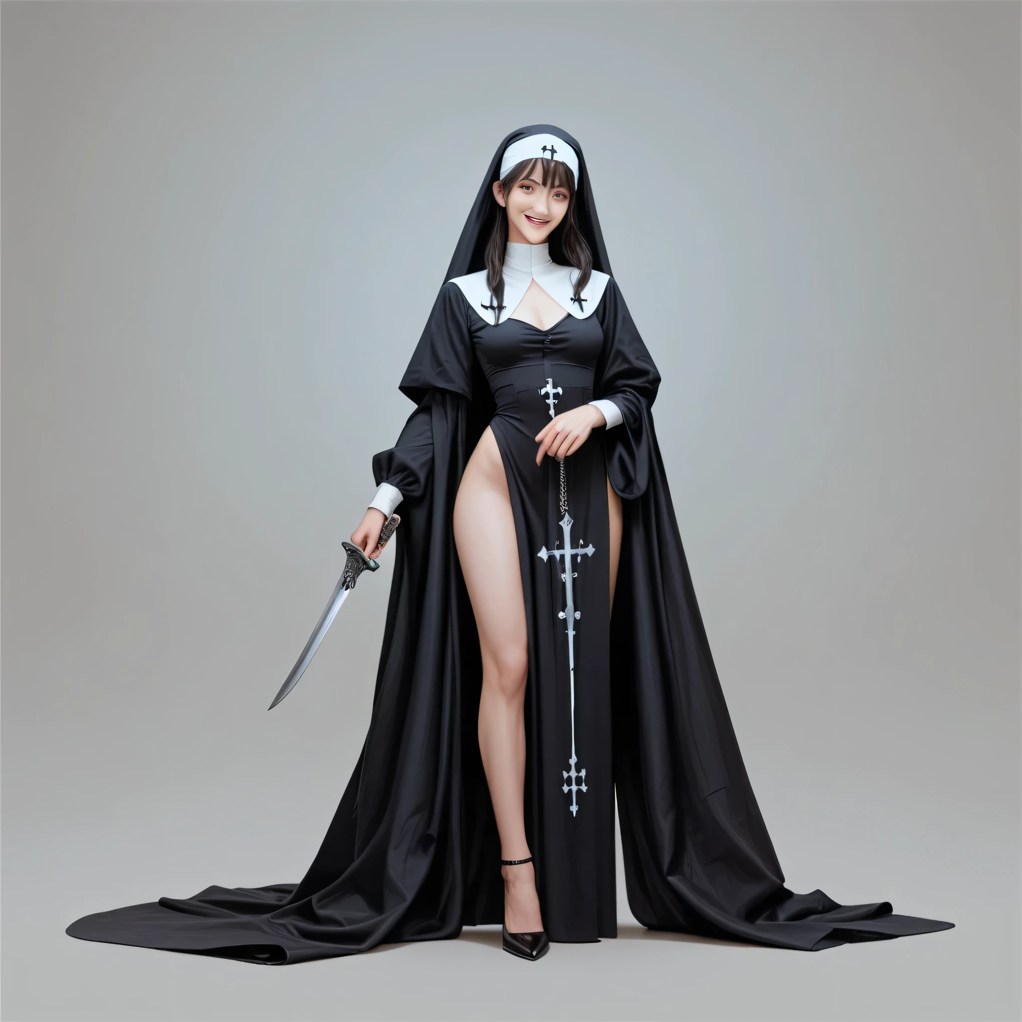 A sexy evil nun with skull prints on clothes. Holding a knife. Full body view. Solo, 1girl, Long Hair, Smile, Ponytail, High Resolution, Best Quality, Award Winning, Detail, Anatomically Correct, showing small Breasts,