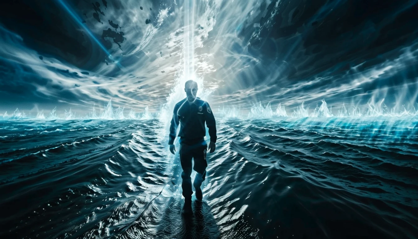 The paramedic who controls the sea，Walking ashore from the ocean，beautiful，Backlight，Surrealism，Godhead，Cyber Surge，Blue-black tones，Light shining through the smoke，scattering，refraction，diffuse reflection，Tyndall effect，Brownian motion，Light beam，Dark Environment，Blue Coast，Blue and white ocean