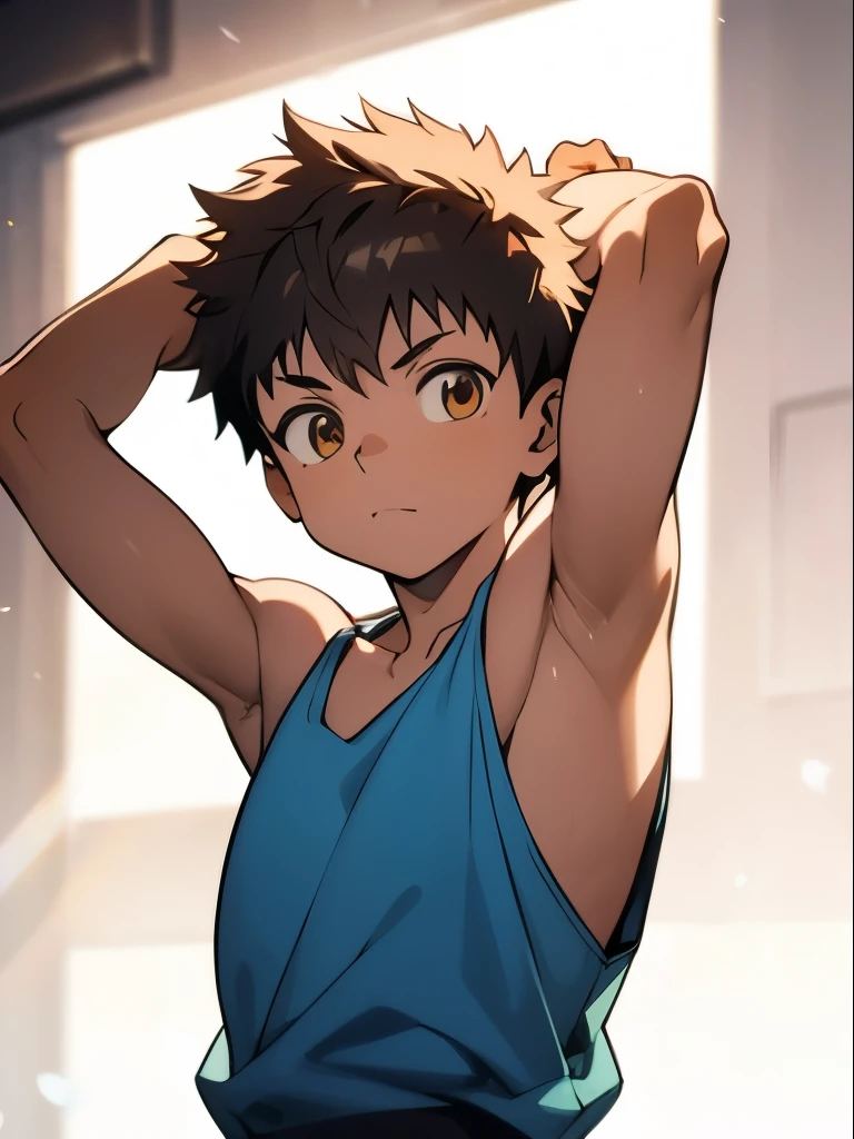  highres icon,  masterpiece ,  Best quality to the best , best quality , high quality, hight detailed,  anime style , 1 boy, Shota, young boy, lonely person, orange sweatshirt,  tanned skin , very short brown hair , sleeveless,  upper body,  Seen from the front ,  look at the spectator, (Very young boy), ( very small and short body),  [boys, (showing armpit:1.3), handsome boy, Ultra HD, bokeh effect,  simple background , 8k Photo,  best quality , beautiful lighting,  intricate details, Photorealistic, Photo,  masterpiece , realistic, Photorealism, detailed, hyper detailed,  best quality , ultra  high resolution,  high resolution, detailed, raw Photo, detailed face, detailed eyes,  looking at the spectator 