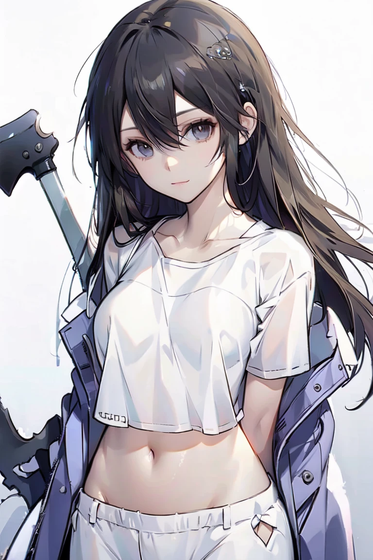  best quality,  High Res,slim、 Brown Eyes 、High target、 dark hair、(Long hair:1.3), Straight Hair 、7 Life Size 、Navel exposed、 White Short Sleeve Tee
Ong hair，Female Kirito ，Big breasts(d), Chest, 